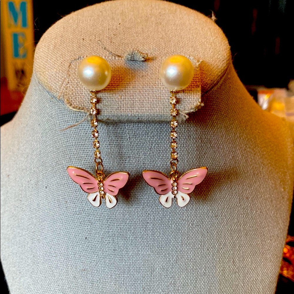 Betsey Johnson Pink and White Butterfly Earrings